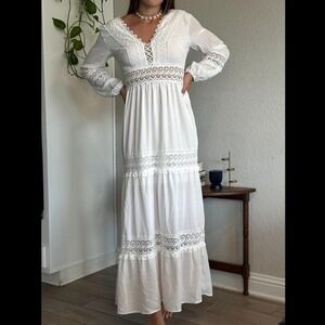 White boho 70s inspired prairie maxi dress, size medium